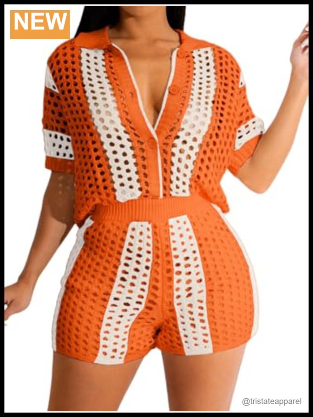 Crochet Knit 2 Piece Short Set Button Down Shirt High Waist Shorts Beach Cover